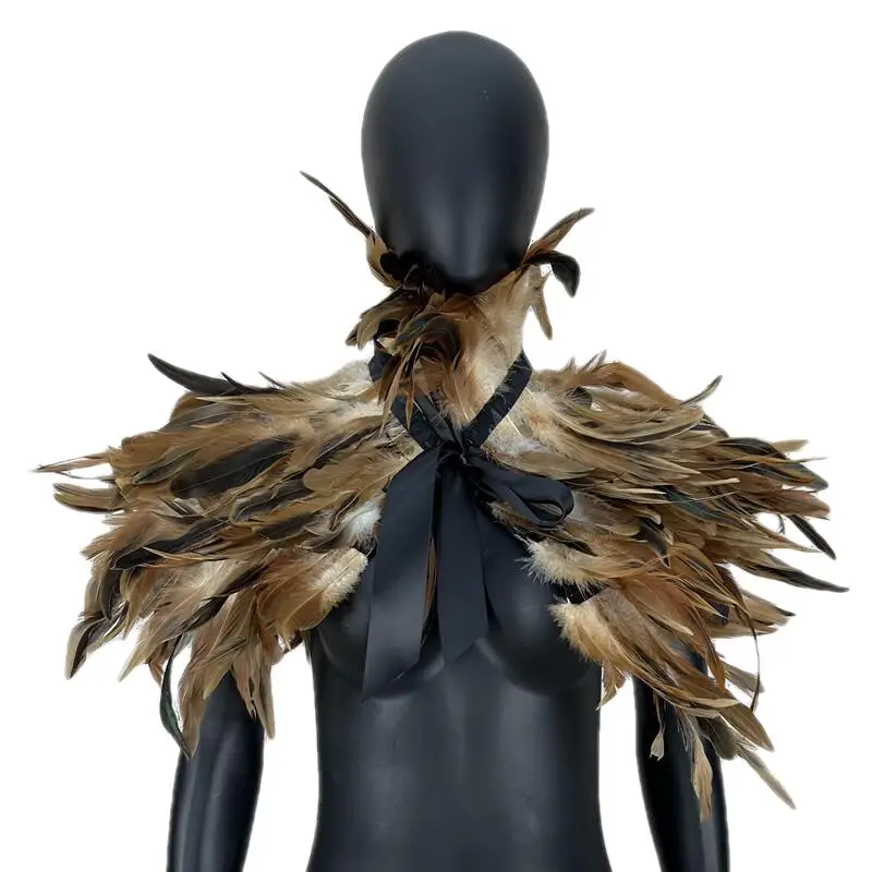 Gothic Punk Feather Shawl Cape Shrug Shoulder Wrap Fake Choker Collar Stole Epaulet Halloween Cosplay Party Stage Show Shirt