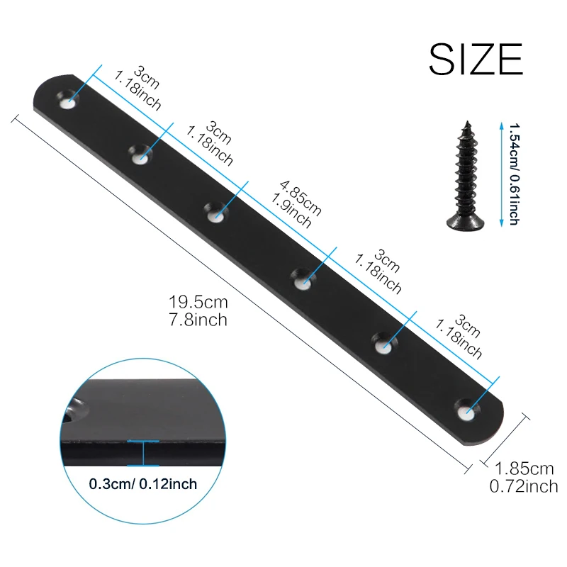 2/ 4/ 8pcs, Black Straight Brace Brackets 19x195mm Stainless Steel Flat Mending Plates, Repair Fixing Joining Brackets (Screws)