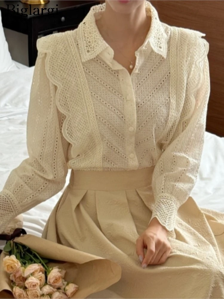

Autumn Sweet Lace Patchwork Shirts Women Embroidery Fashion Ladies Blouses Korean Style Long Sleeve Woman Shirt