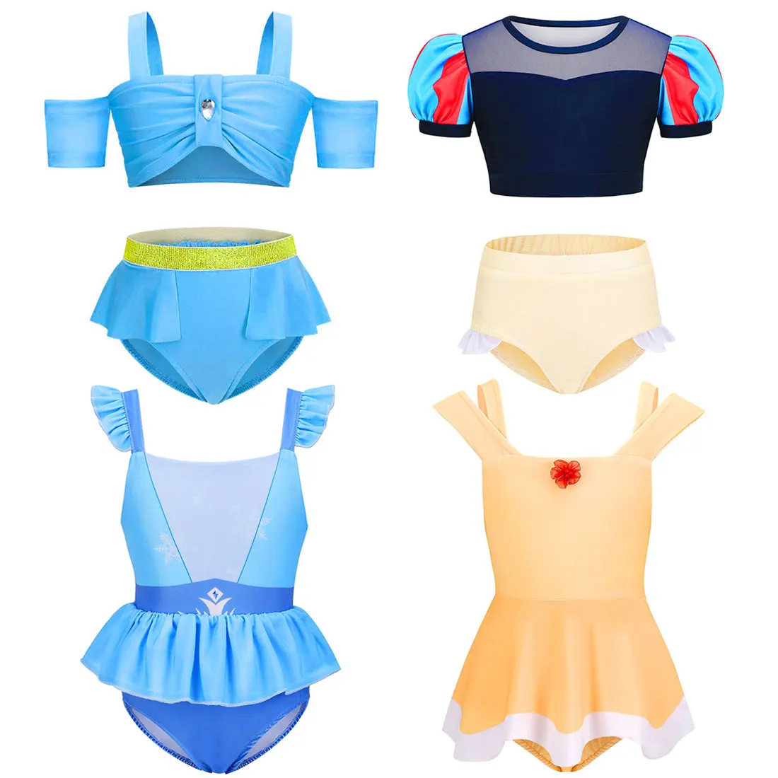 

Disney Summer Beach Party Girl Cosplay Princess Elsa Snow Belle Breathable Swimsuit + Swimming Cap + Swimming Goggles Set 3-10T