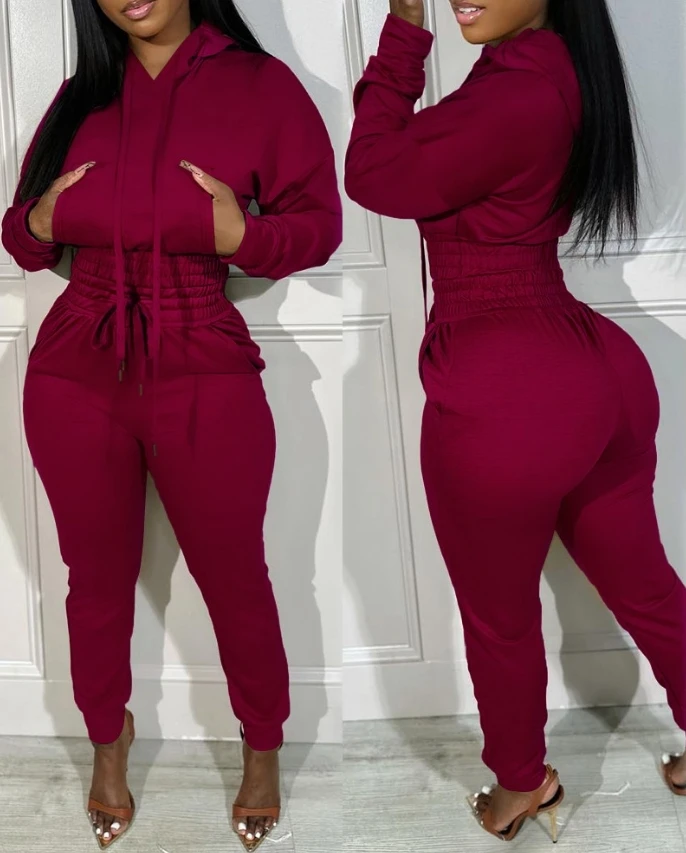 

Sporty 2 Piece Set for Women Autumn Shirred Pocket Design Crop Hoodie & High Waist Cuffed Sweatpants Set Matching Tracksuit