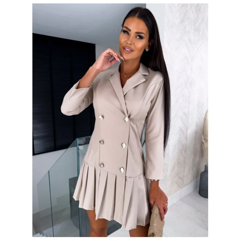 

Women's Autumn Long Sleeved V-neck Slim Fit Pleated Professional Dress Cardigan Button Solid Color Versatile Women's Short Dress