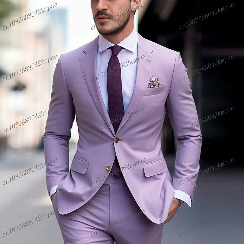 

Male Fashion Lavender Formal Occasion Men Suit Groom Groomsman Wedding Party Prom Business Tuxedos 2 Piece Set Blazer Pants