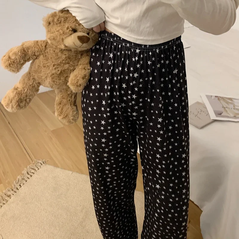 Pajama Pants Black Star Pattern Women Loose Pants Casual Breathable Student Wide Leg Pants Elastic Waist Girl Sleeping Pants
