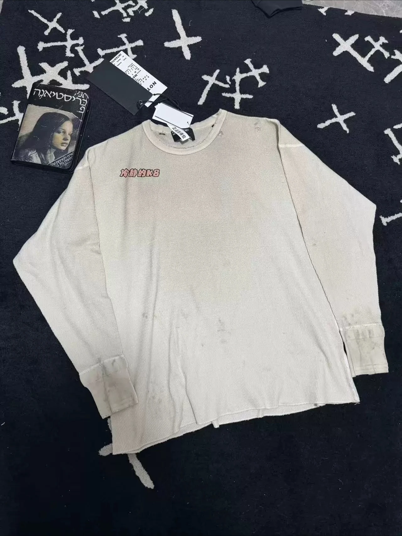 ER/D 25FW Old Dirty White Slogan Printed Waffle Long Sleeve T-Shirt