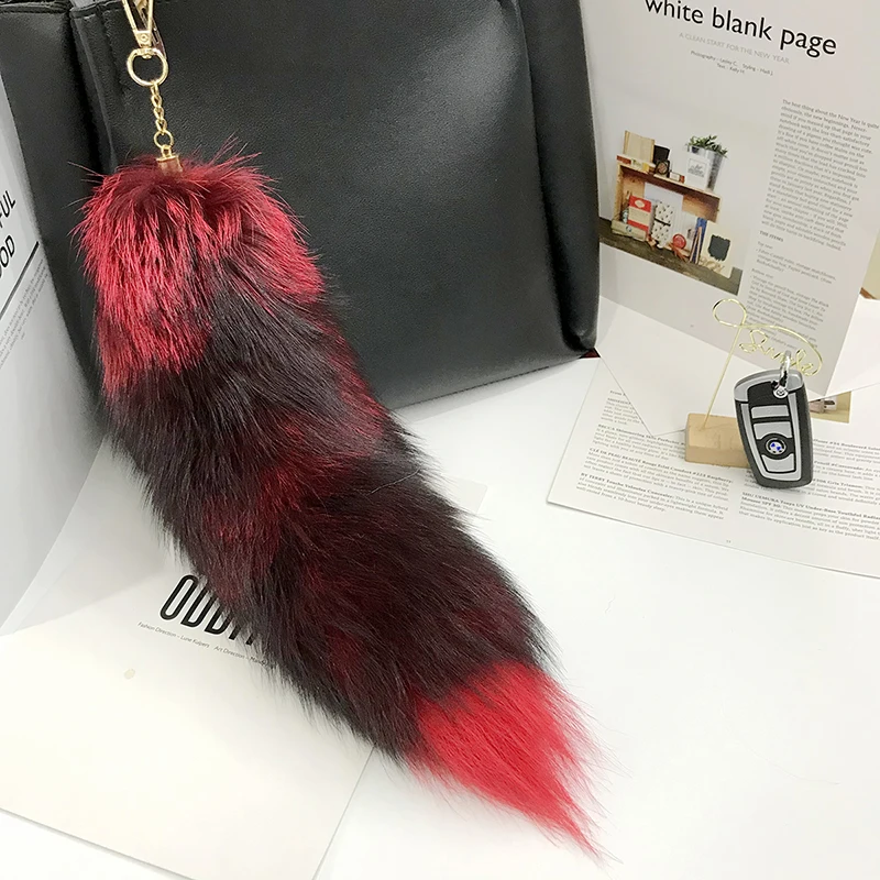 2024 Real Fox Fur Tail Large Long Natural Fur tail Keychain Pendant Cosplay tail Cute Wolf Fox Tail Fur Car Keychains For Women