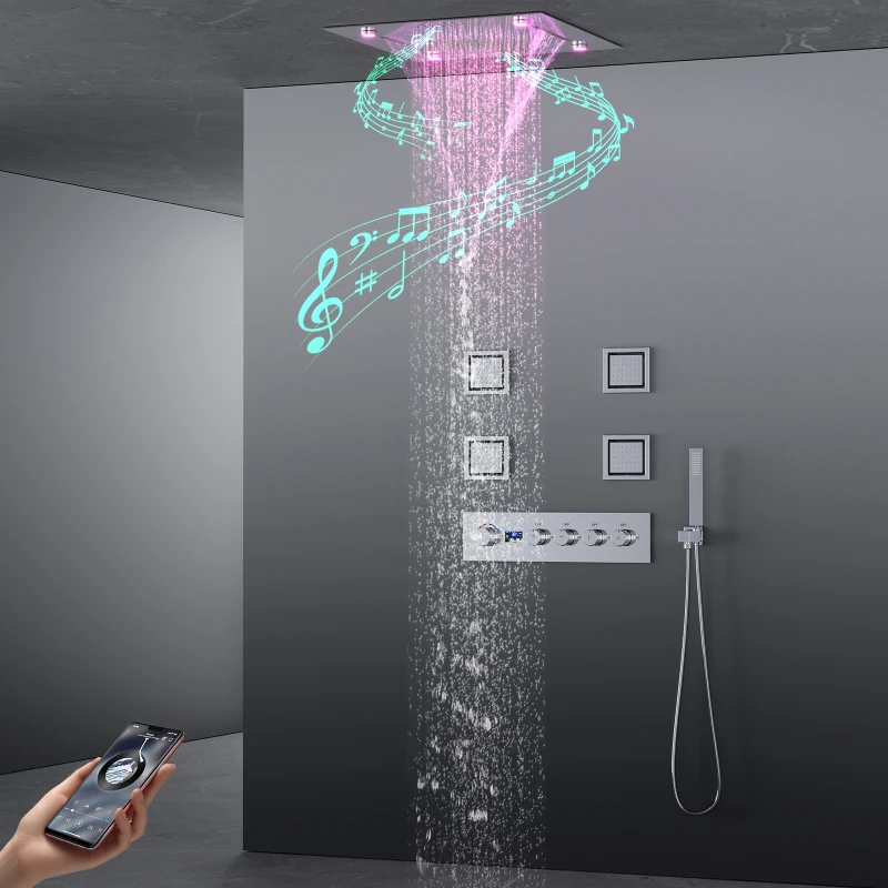 Music LED Shower Set Ceiling Rain Waterfall LED Music Shower Head 500x500mm Bathroom Cold and Hot Digital Display Shower Faucet