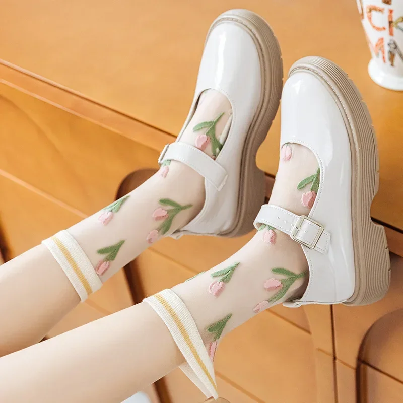 Ultra-thin Transparent Crystal Silk Socks Women Fashion Summer Harajuku Crew Socks Retro Flower Streetwear Elastic Long Socks image 5