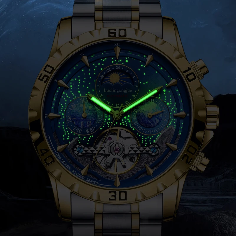ساعة ميكانيكية رجال الأعمال الفاخرة، ساعة ميكانيكية أوتوماتيكية بالكامل مجوفة من السماء المرصعة بالنجوم للرجال، ساعة يد رجالية عصرية مضيئة مقاومة للماء، حزام من الفولاذ المقاوم للصدأ، قرص دائري عالي القيمة #6