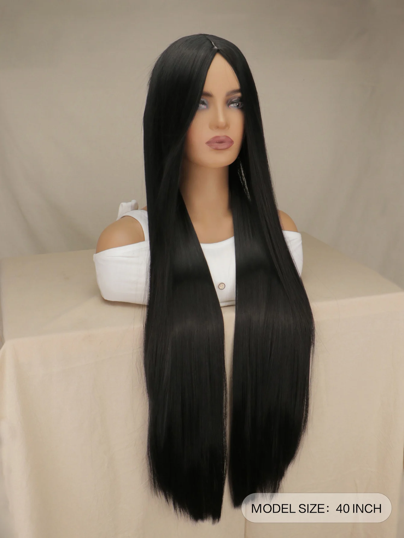 40 "lungo rettilineo nero con riga centrale costume cosplay e parrucca quotidiana ragazza Halloween cosplay festa parrucca nera lunga diritta da donna