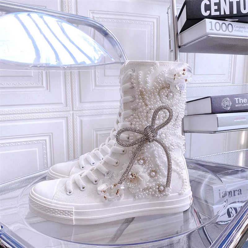 Women Round Toe High Heel Canvas Boots DIY Flowers Pearls Tassels Flat Casual Shoes Solid White Lolita Sweet Girls New Year Gift