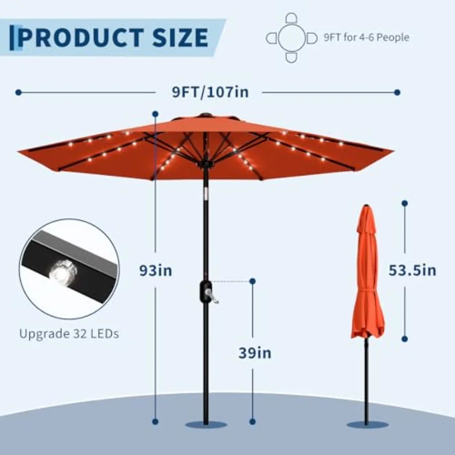 Patio Umbrella with Solar Lights, Outdoor Table Umbrella with 8 Durable Ribs, Tilt and Crank Mechanism, Water and UV Protection