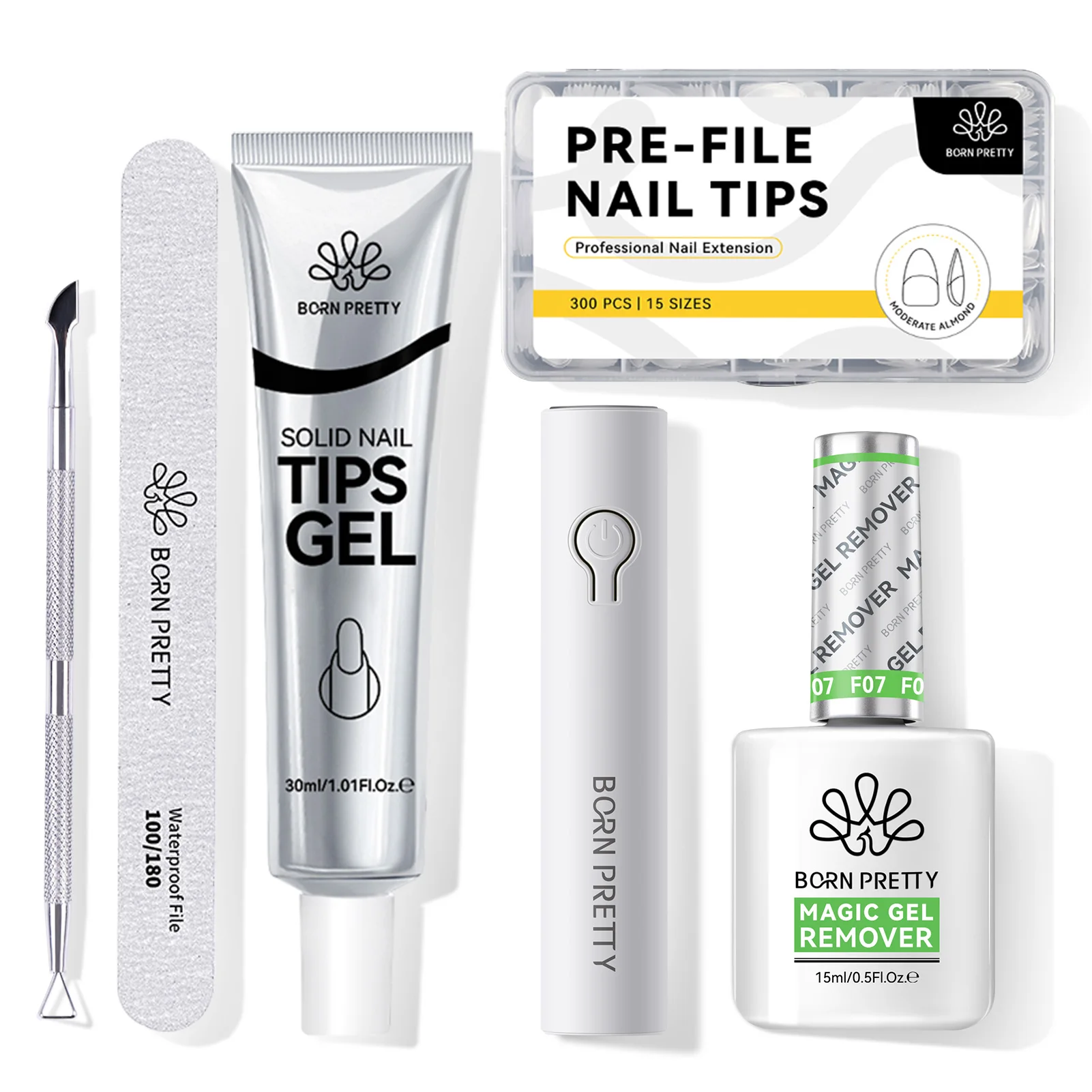 BORN PRETTY Solid Nail Tips & Nail Glue Faster Remover Gel Nail Polish Set Fake Nail Tips Soak Off UV Press On Nails Dryer Tools