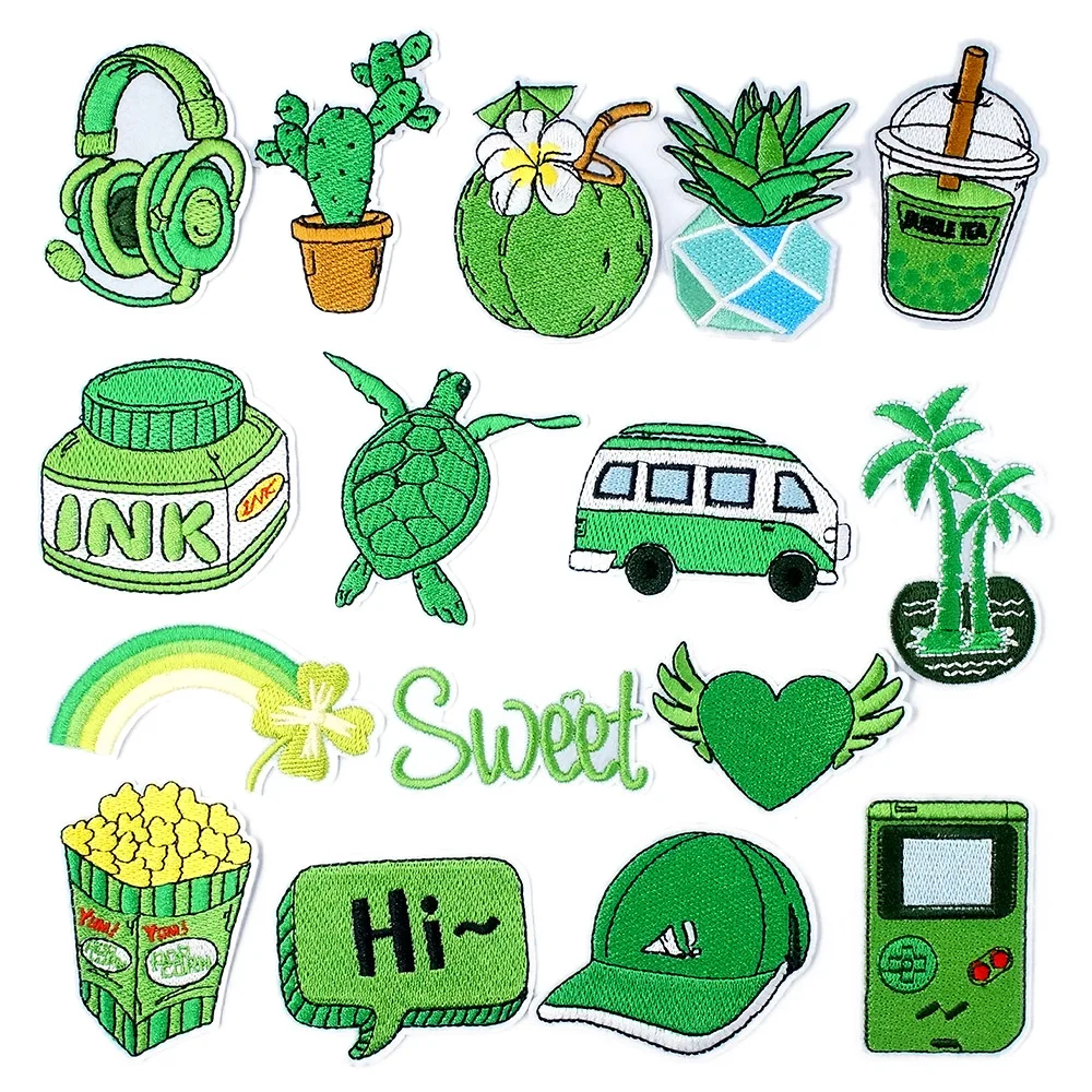 Coconut Popcorn Cactus Green Patches Cloth Embroidered Applique Sewing Clothes Apparel Decoration Patch Iron on Stickers