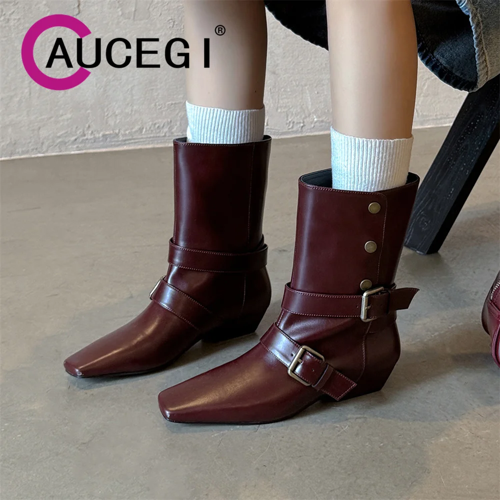 Aucegi Hot Sale Women Genuine Leather Riding Mid Calf Boots Square Toe Block Chunky Heel Buckle  Decora Commuter Banquet Shoes