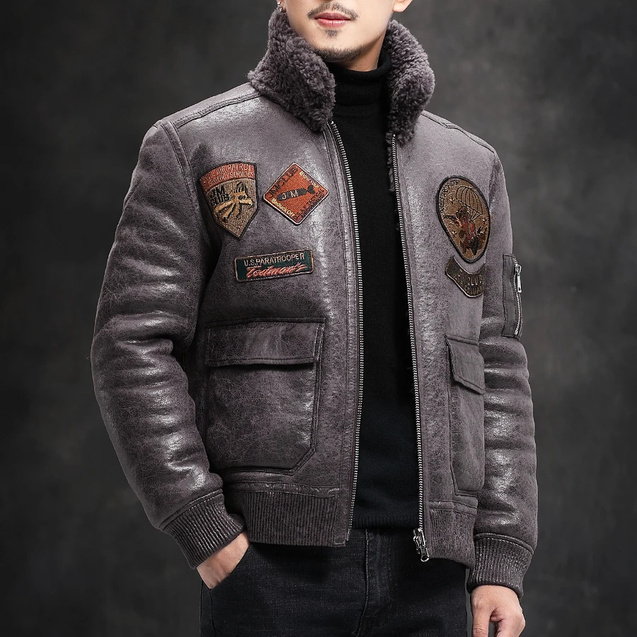

Men's Faux Shearling Jacket Short Bomber Coat Pilot Style Leather Outerwear