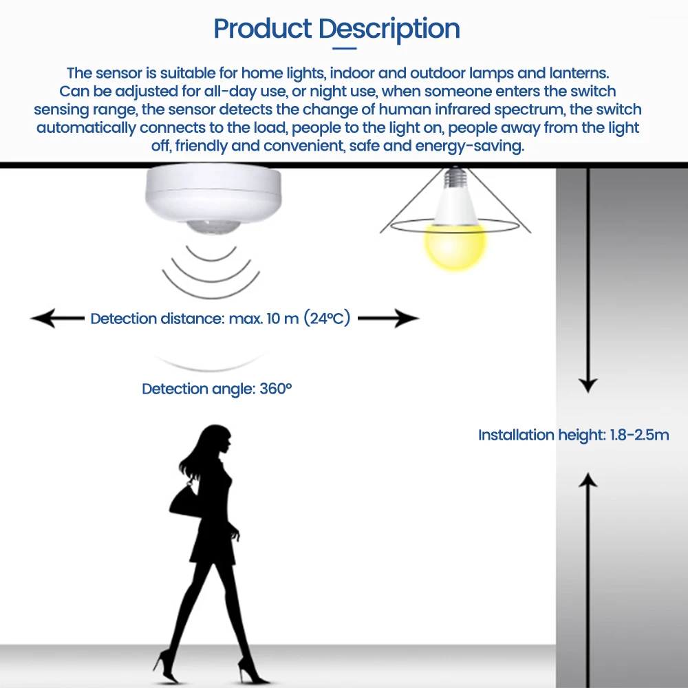 Interruptor de Sensor de movimiento PIR infrarrojo con retardo de tiempo, detección de ángulo cónico de 265 ° para luz de techo LED, CA 85-360 V