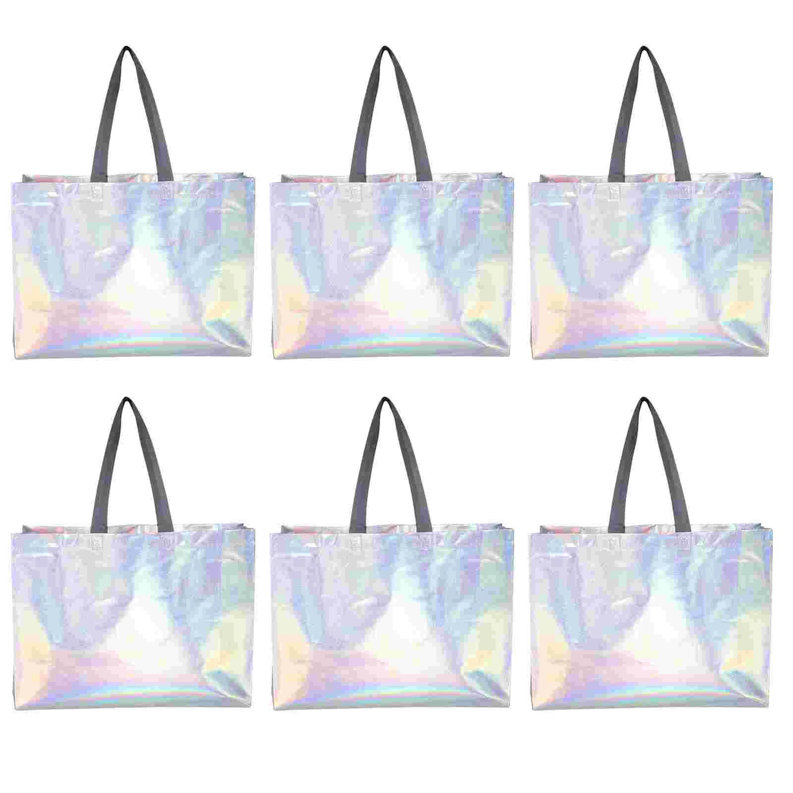 Handheld Shopping Bags Gift Holographic Bags Reusable Party Grocery Iridescent Tote Packaging Silver Wrapping Foil Goodie