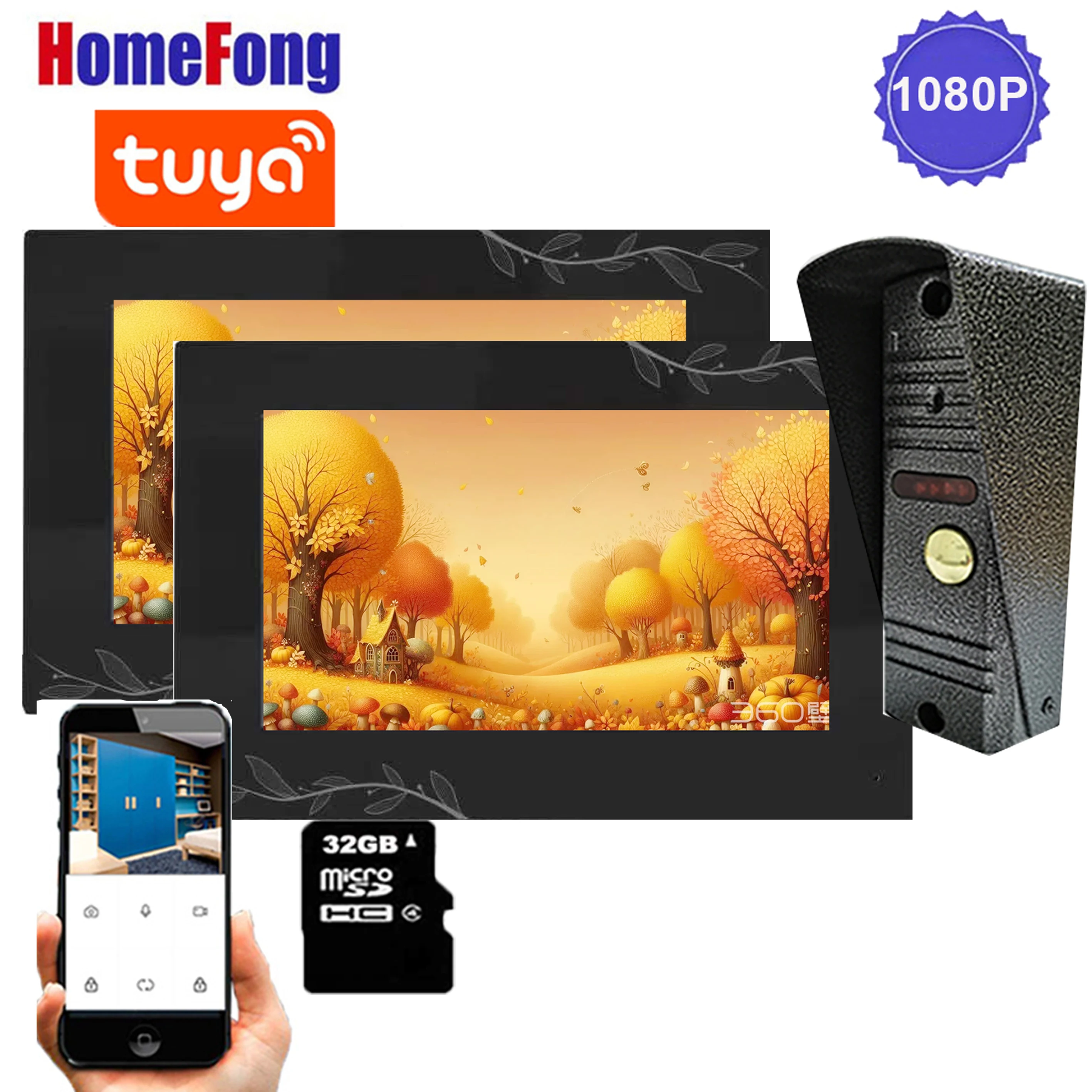 Homefong  7 inch Wifi Wireless Video Intercom Door Phone System Doorbell with Camera 2 Monitors  Tuya Smart 1080p IR Night Rain