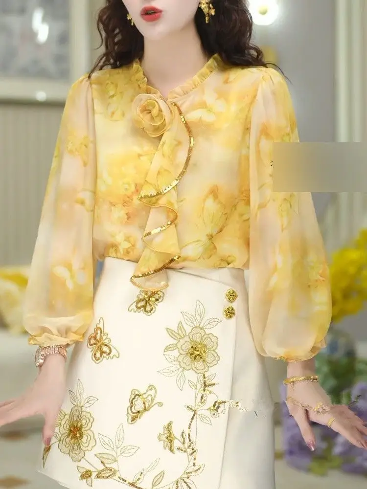 

Универсальная желтая рубашка с кружевным воротником и длинными рукавами, женская свободная рубашка с 3D цветочным краем