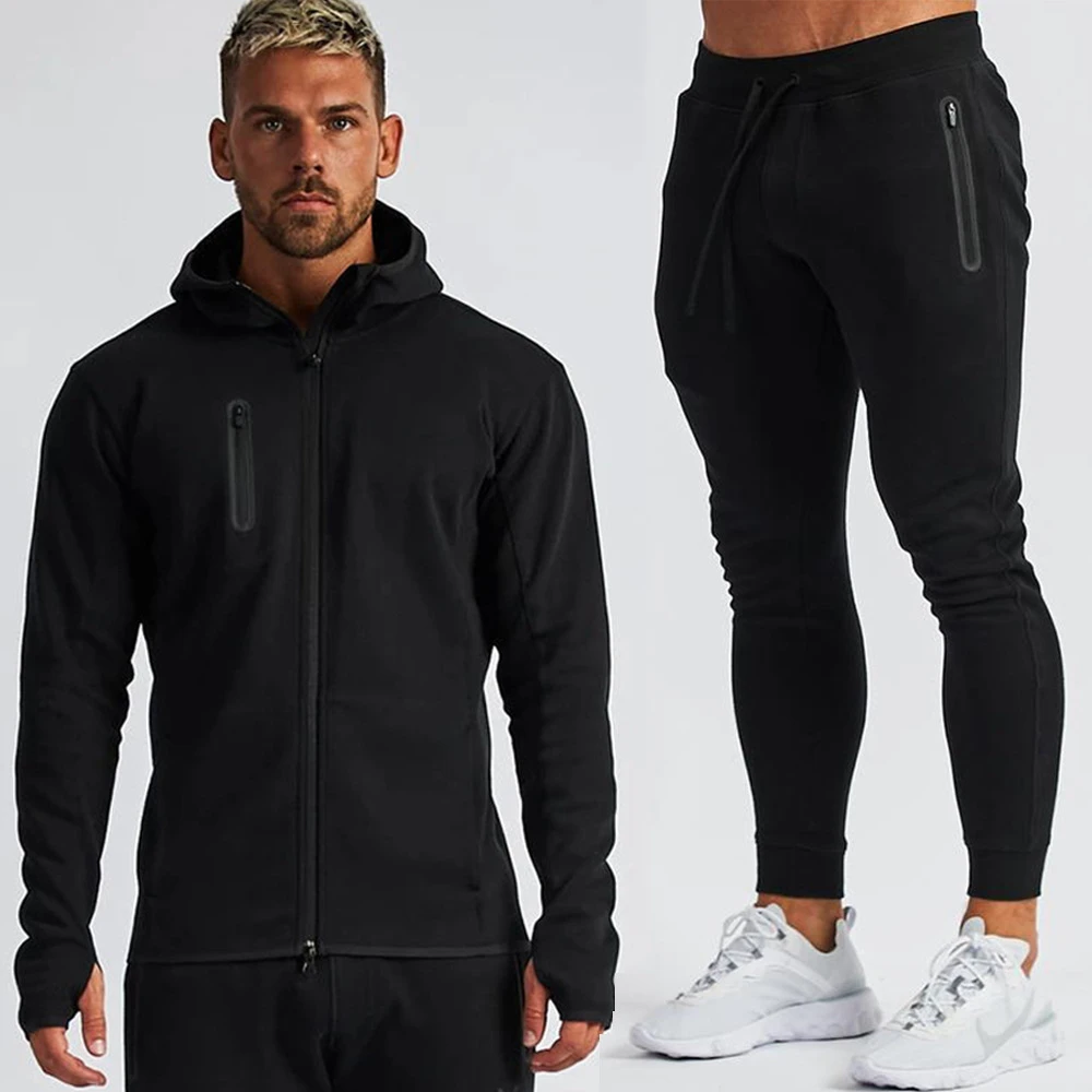 Sweat à capuche et pantalon de sport pour hommes, ensembles d\'entraînement en coton, vêtements de gymnastique, fermeture éclair, décontracté, noir,