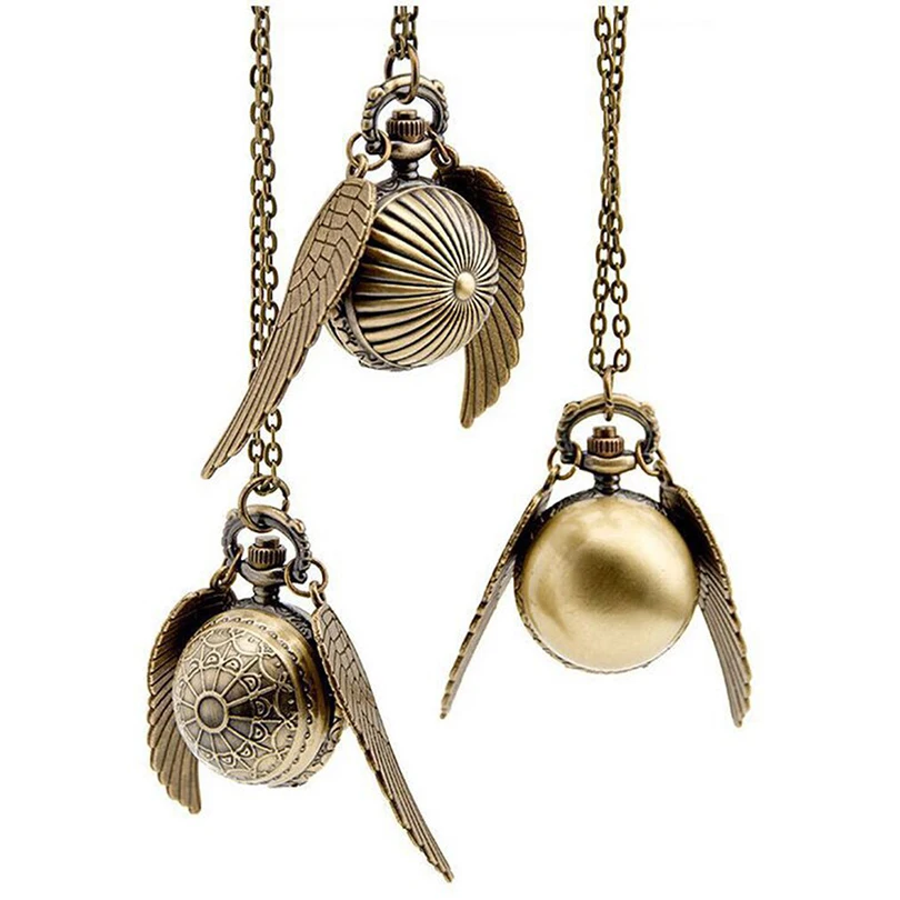 Vintage Cute Small Ball Quartz Pocket Watch for Men Women Bronze Wings Fob Chain Pendant Necklace Clock for Collection Kids Gift