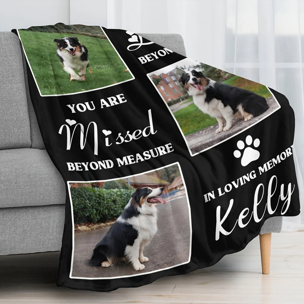 1pc Personalized Pet Memorial Blanket - Custom Photo & Message - Soft Flannel Keepsake Gift with 