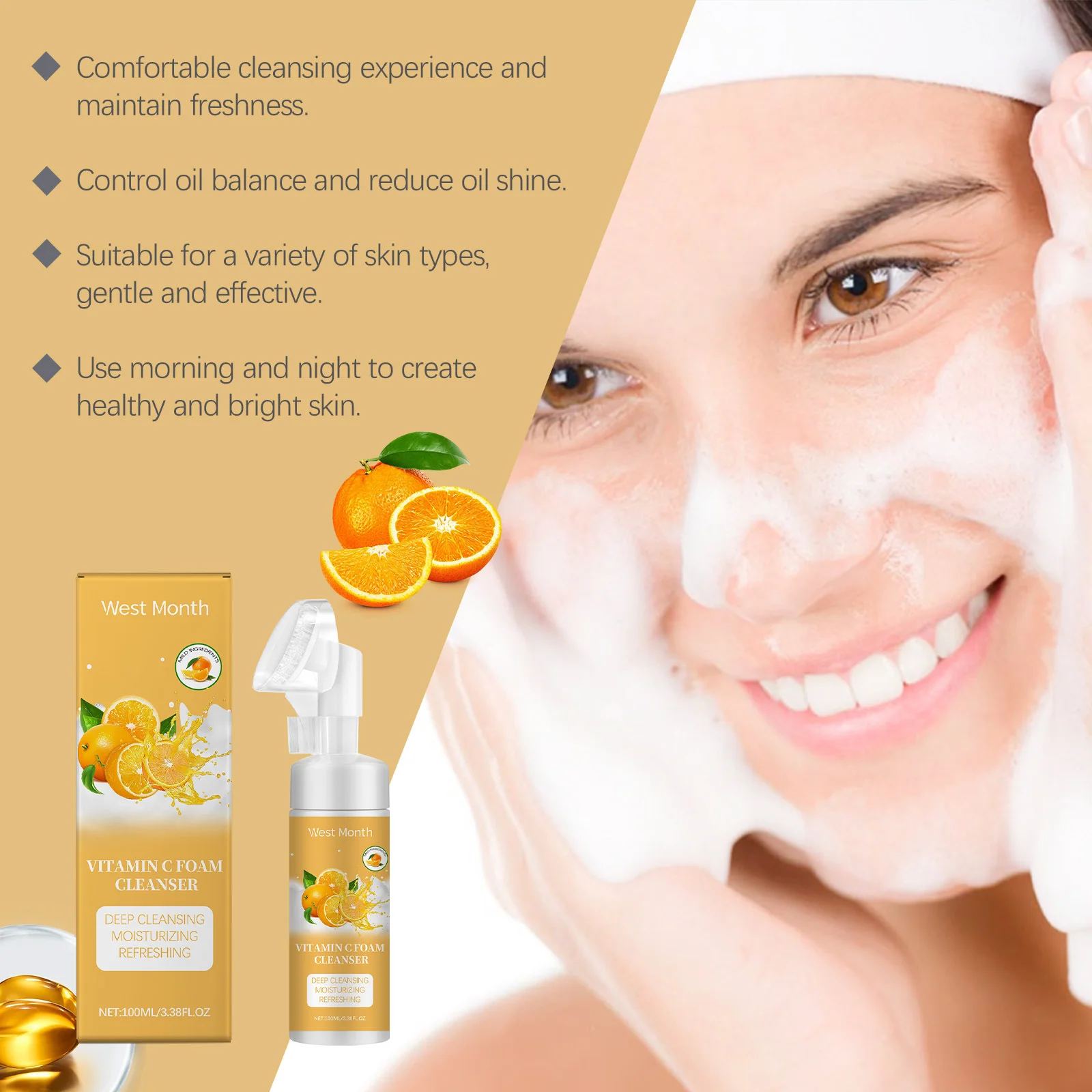 West&Month Facial Cleanser Foam Brightening Moisturizing Oil Control Soothing Acne Remover Massasge Cleansing Face Wash Mossee