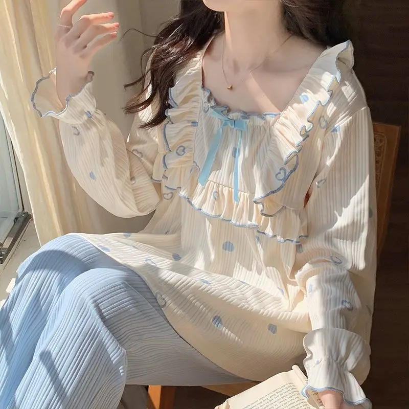 Sleepwear Women Autumn Kawaii Clothing Pajamas Set Cotton Pajamas Square Neck Long-sleeved Long Pants Two-piece Set Print Ruffle