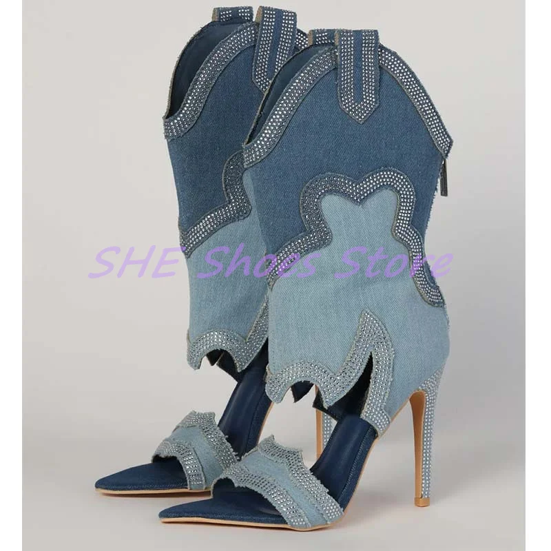 

Summer Breathable Peep Toe Women Western Boots Mixed Color Rhinestone High Heel Back Zipper Sandals Ladies Party Dress Shoes