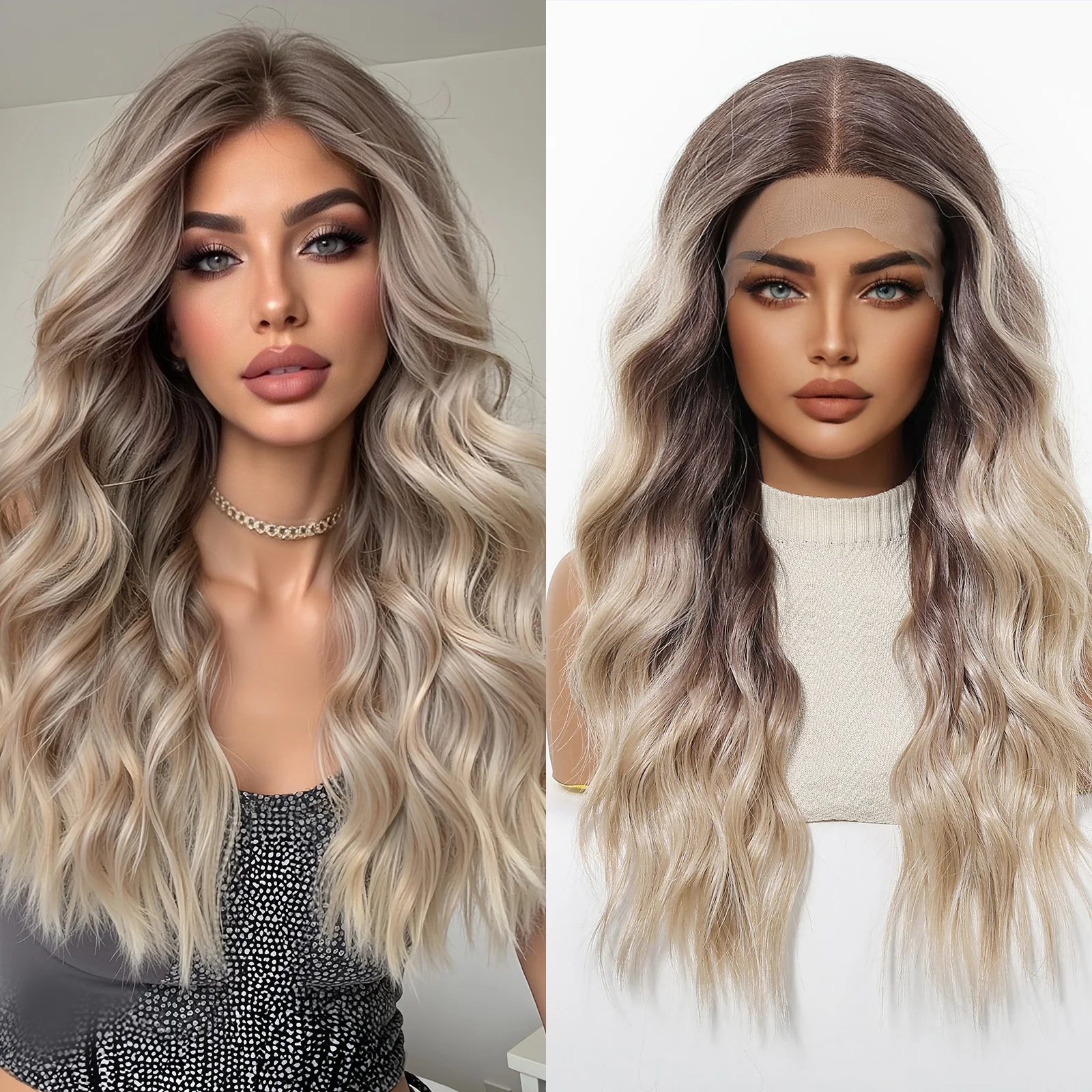 

HAIRCUBE Ombre Светло-коричневые вьющиеся парики 13*6 Кружевные фронтальные парики Натуральный вид Синтетические волнистые парики из волос для женщин Ежедневное использование на вечеринке