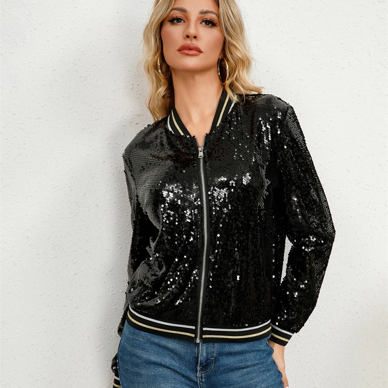 

Spring Autumn 2024 Golden Black Sequined Jacket Women Patchwork Stand Collar Long Sleeve Short Coat Top Baseball Uniform 39972