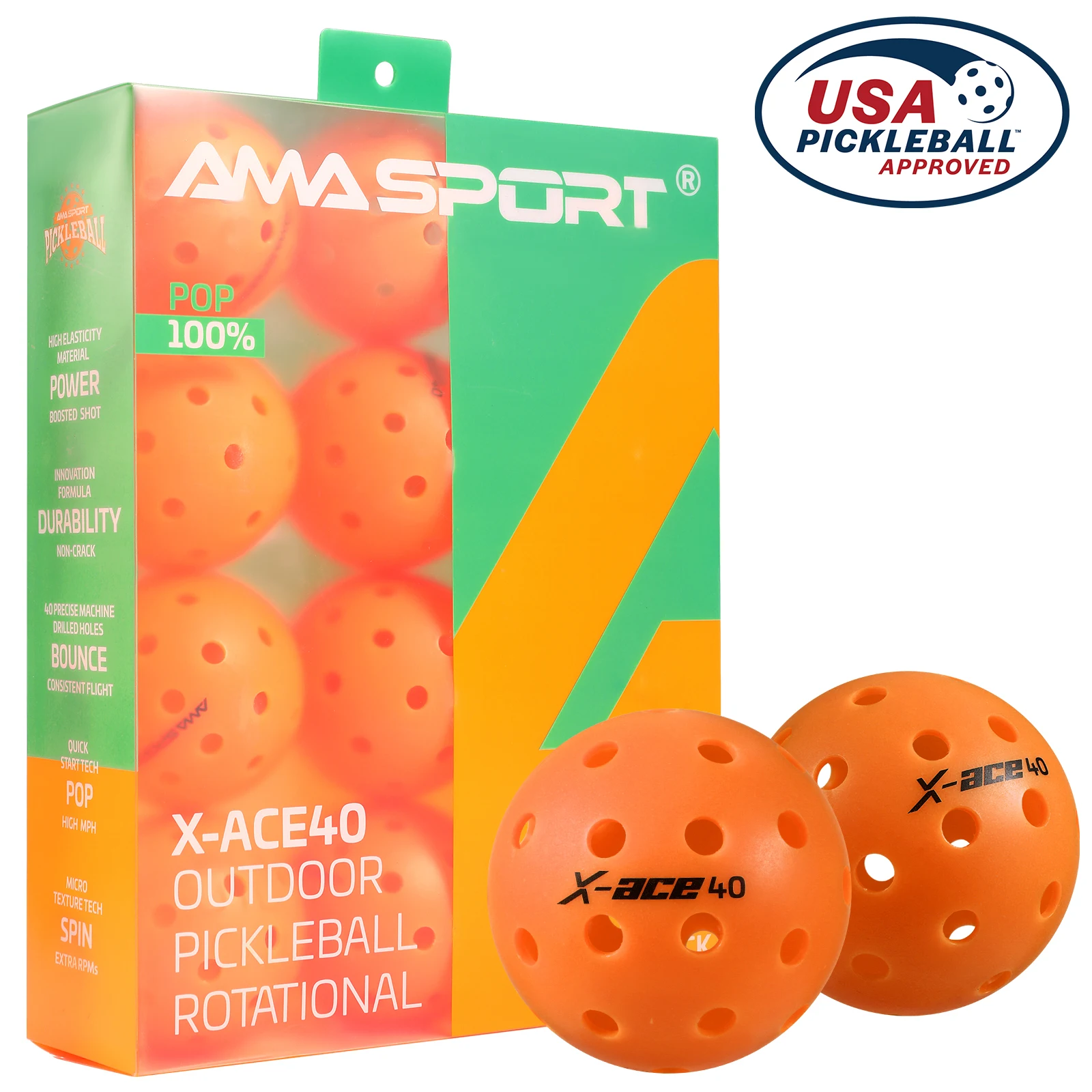 AMA Sport X-ACE Pickleballs 40 Hole Outdoor Pickleball Balls Crack-Resistant ONE Piece Balls 100% POP for Immediate Feedback-ORG