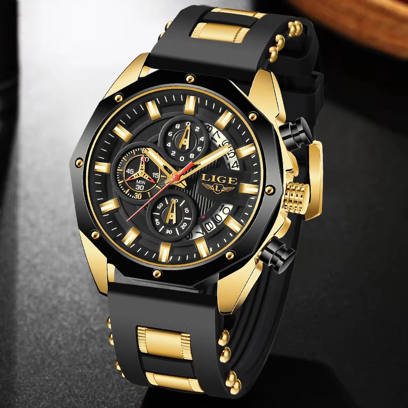 LIGE Mens Watches Fashion Business Watch Men Top Brand Luxury Silicone Sports Military Quartz Chronograph Relogios Masculino+BOX