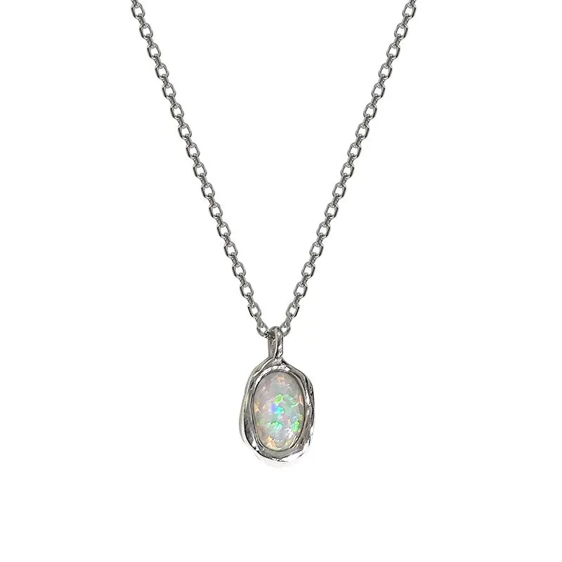 ITSMOS S925 Sterling Silver Irregular Created Opal Pendant Necklace Colorful Gemstone Necklace Inspirational Jewelry for women