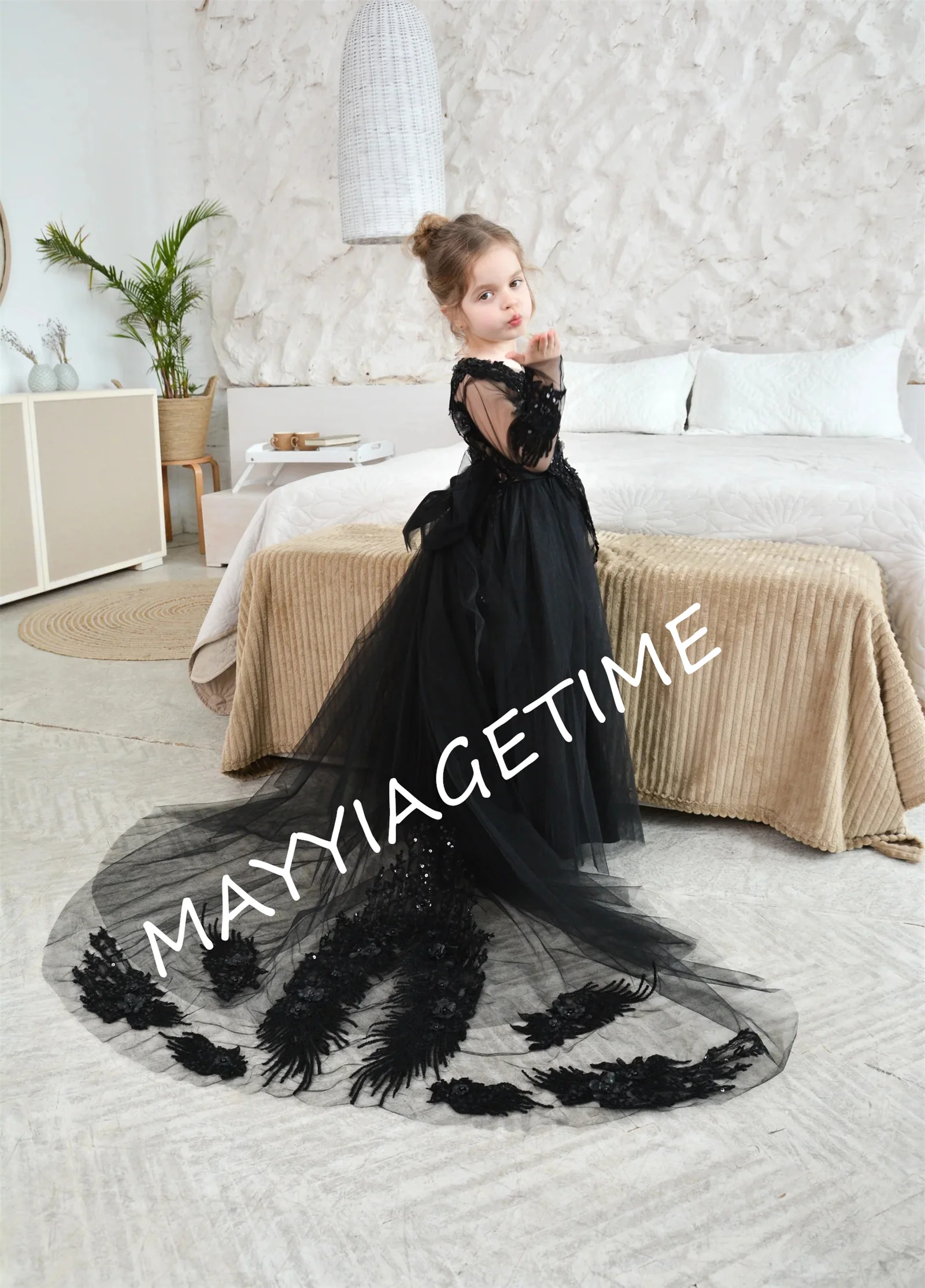 Vestido negro esponjoso de encaje y lentejuelas para niñas, vestido de novia de tutú negro, lazos de tul en la cintura