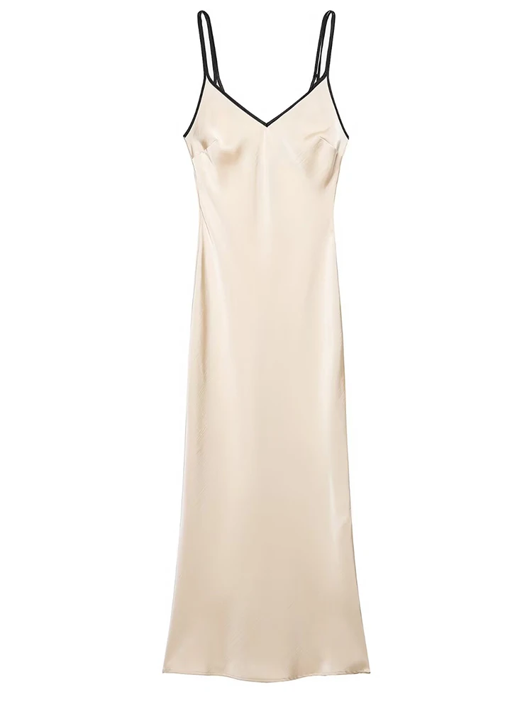 HH Elegant Silk Satin Slip Midi Dress For Women's Fashion Summer V-Neck Contrast Trim Spaghetti Strap Slim Fit Evening Long Dres view 2
