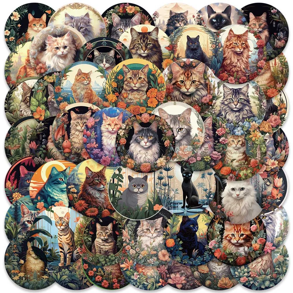 50PCS Vintage Cat Stamp Stickers Retro Cute Animal Pattern Self Adhesive for Scrapbook Stationery Decor Daily Multi Scene Use