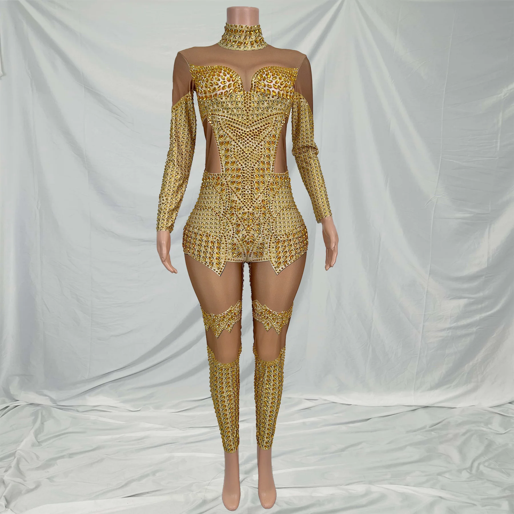 Gold Long Sleeves Party Rhinestone Jumpsuits Women Spandex Bodycon Rompers Aerial Dance Leotard Show Bodysuit Performance Wear