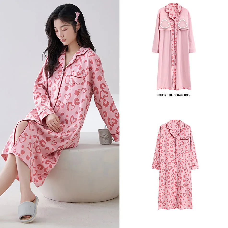 Maternity Clothings Spring And Autumn Women's Postpartum Clothes Pajamas Long Sleeved Pajamas With Built In Chest Pads