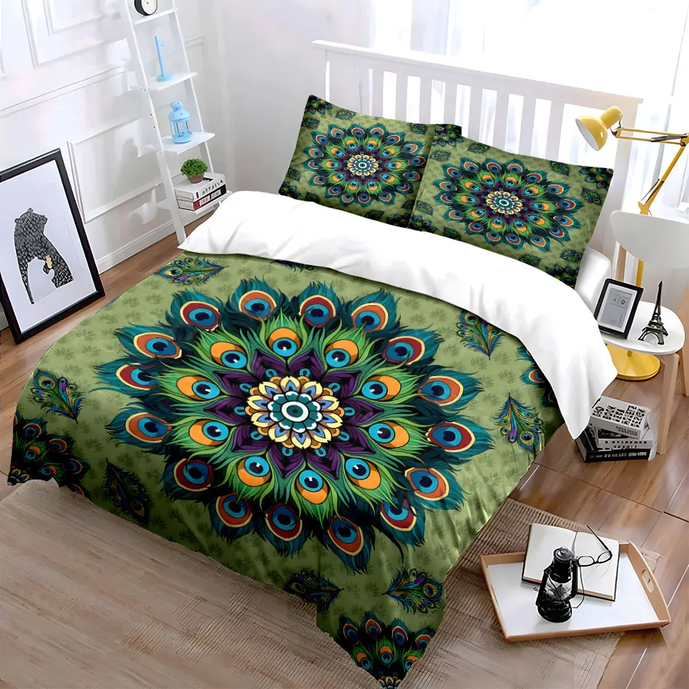 Peacock Feather Mandala Pattern Print Soft Comfortable Duvet Cover Bedding Set Included 1*Duvet Cover 2*Pillowcases