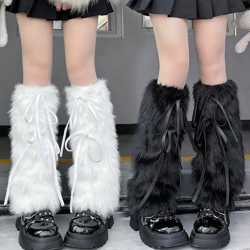 

Плюшевые гетры в стиле Лолиты с завязками на ленте, зимние черно-белые кофейные чулки на флисовой подкладке, Y2K, готические манжеты для ботинок, модные аксессуары
