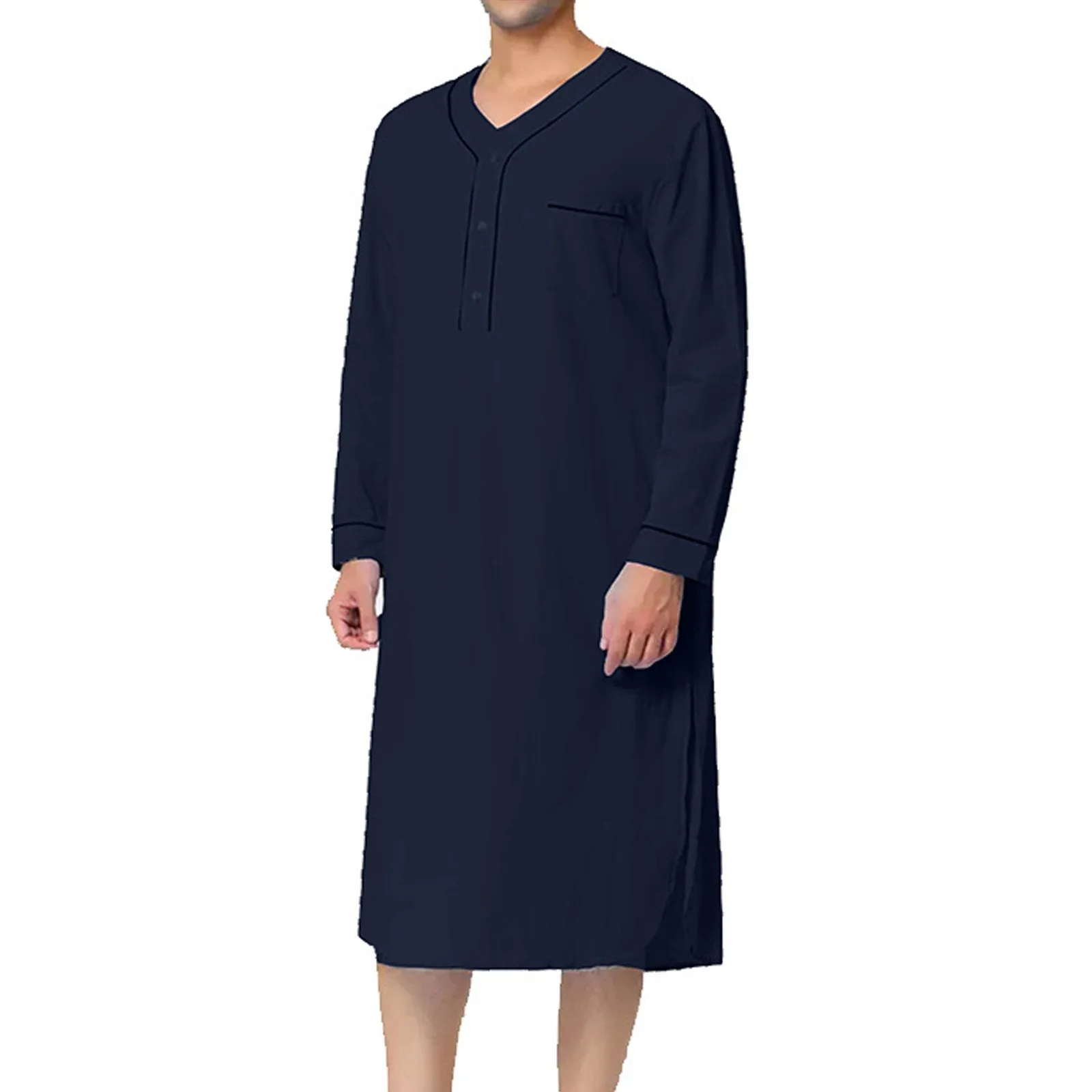 Neue männer Pyjamas Casual Langarm V-ausschnitt Pyjamas Mode Lose Fit Einfarbig Hohe Qualität Nachthemd Komfortable Homewear – Detail 12