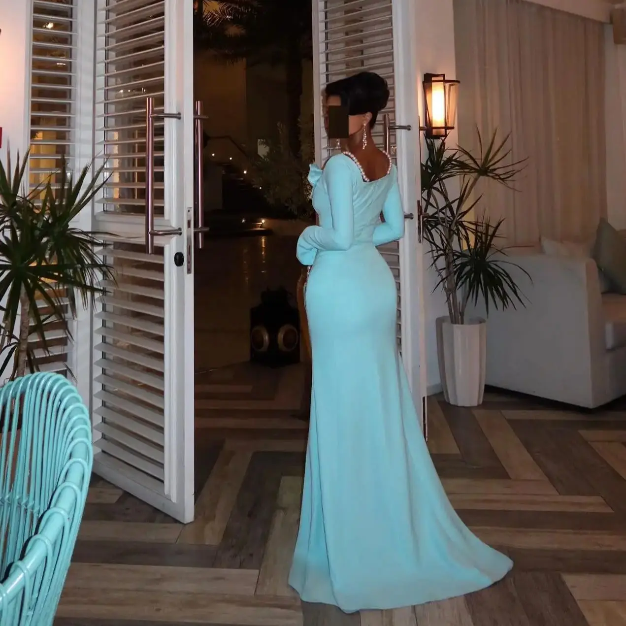 Adeli Elegant customized Light Blue Prom Gown Beaded Flowers Party Evening Dress Floor Length Side Slit Special Occasion Dresses