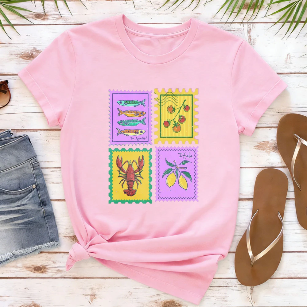 Italian Stamp Design Shirt Mediterranean Aesthetic Tee Tomato Girl Summer Tshirt Italy Vacation Tops Women Crewneck Cotton Shirt