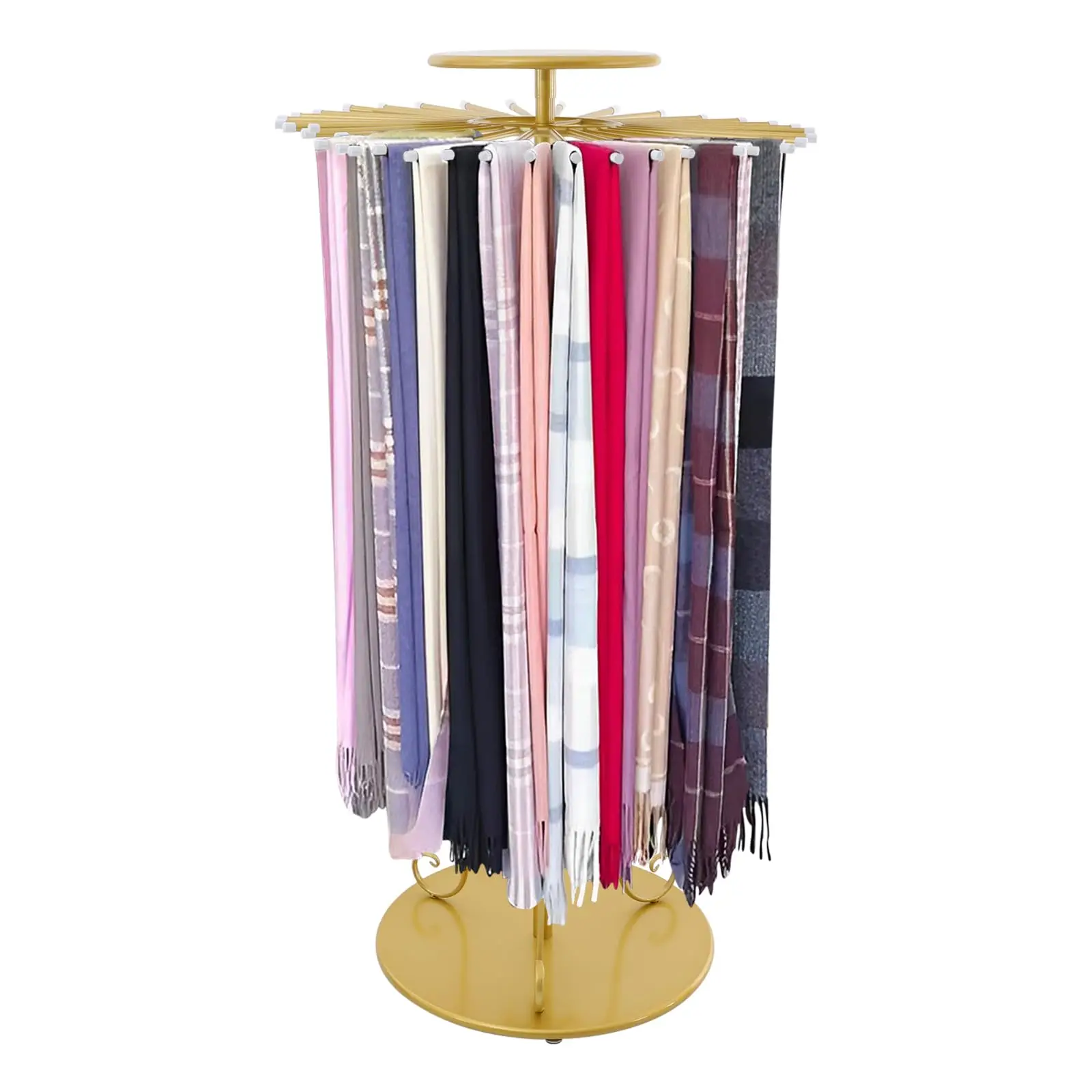 

Golden Freestanding Scarf Display Rack, Rotating Round Scarf Display Stand with 30 Hanging Rods, Height Adjustable Scarf Holder