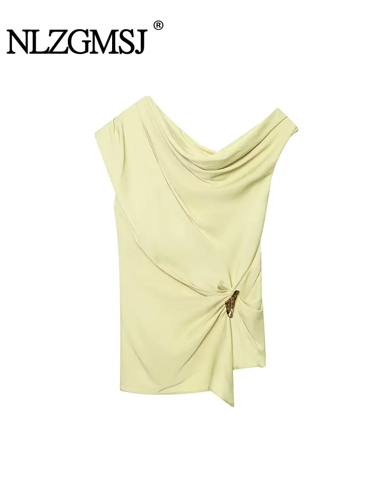 

TRAF 2025 Asymmetric Design Women's Satin Texture Sleeveless Top Metal Decoration Solid Short Tops For Women Elegant Office Top