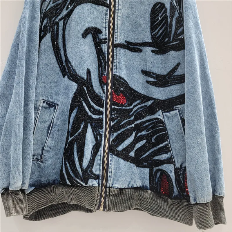 Trendy Brand Abstract Diamond Drills Embroidered Jacket Women's 2025 Autumn Loose Casual Versatile Zipper Long-sleeves Top Coat