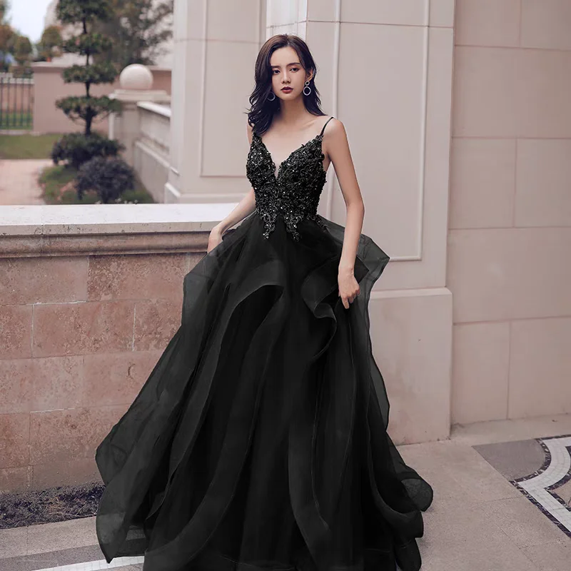 Elegant Layers Ruffles V Neck Evening Dress Lace Appliques Long Party Gown Sleeveless abendkleid 2024 vestidos de noche