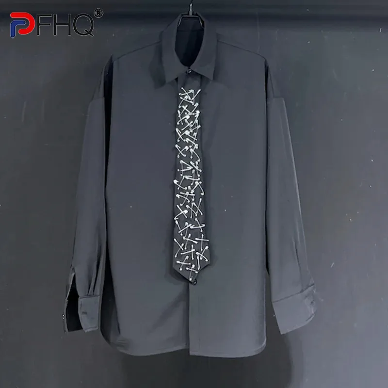 PFHQ New Long Sleeved Shirts Loose Men's Darkwear Tie Metal Decoration Handsome Turn-down Collar Summer Male Cool Tops 21Z4295